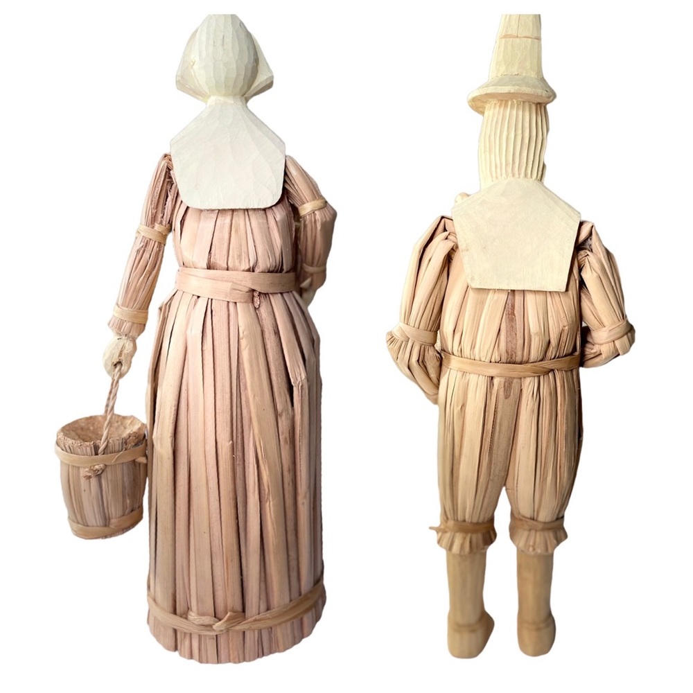 Vintage Cornhusk & Carved Wood 17” Male & 16” Female Pilgrim Figures - Picture 14 of 14